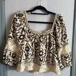 Christian Siriano Linen Blend Floral Print Crochet Trim Peasant Blouse – Size L